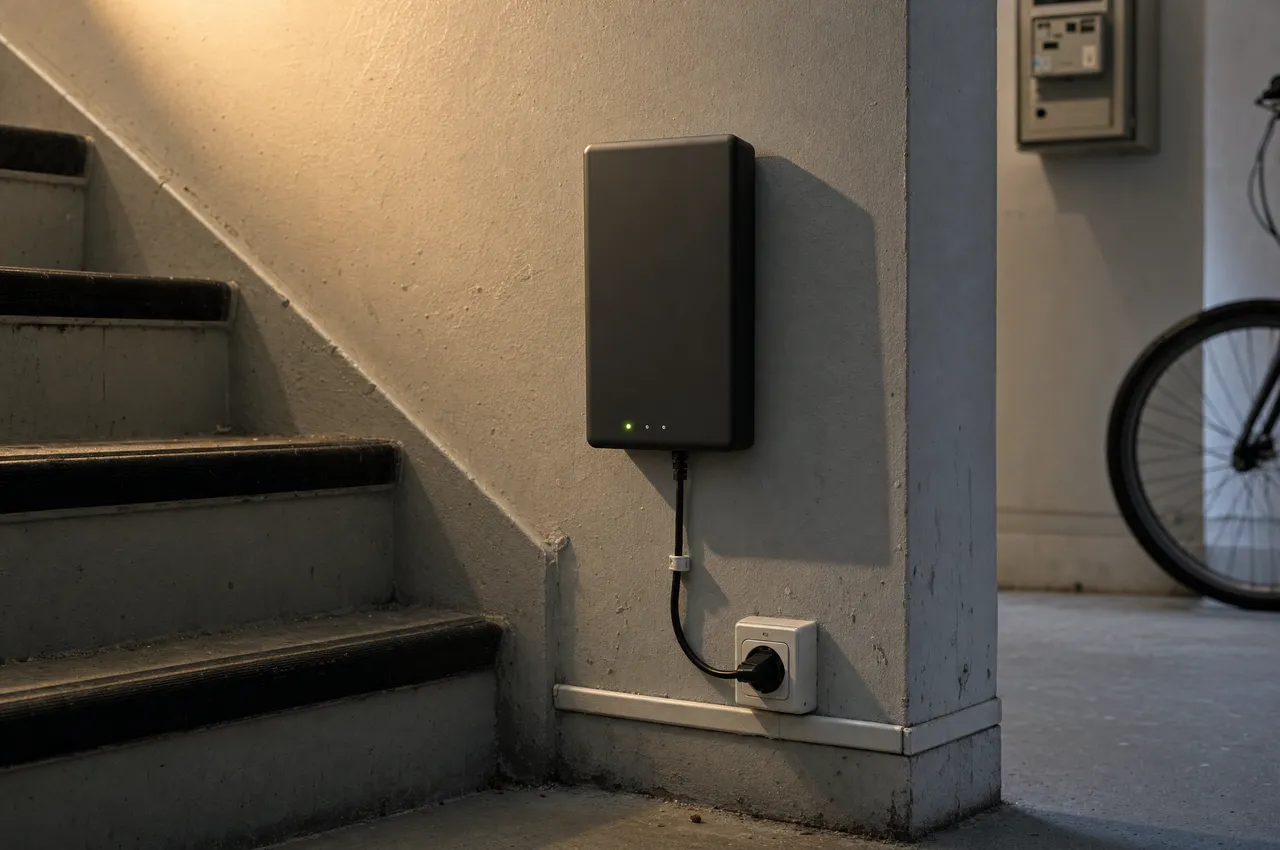 San-Care Basisstation an einer Steckdose im Stiegenhaus